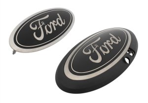 Ford F-150 Emblem Kit - Front + Rear - Ford Racing - With Camera Provision + Smoked Chrome Oval - Black - `18-`20 Ford F-150 Emblem Kit - Front + Rear - Ford Racing - With Camera Provision + Smoked Chrome Oval - Black - `18-`20